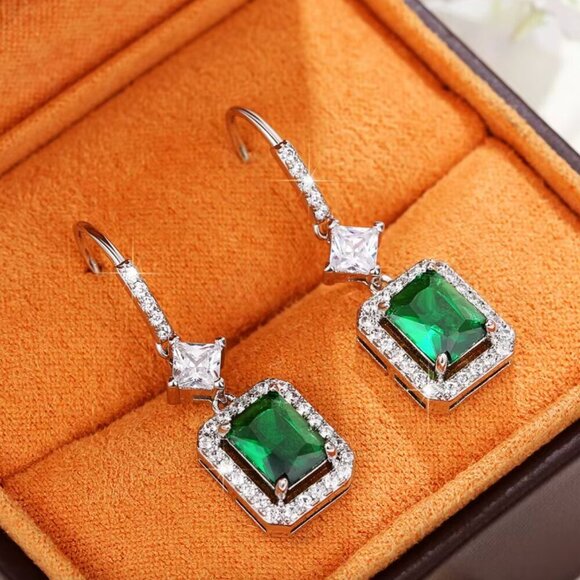 18k White Gold Emerald Green Diamond Earrings Dangle Drop Earrings - Picture 3 of 7